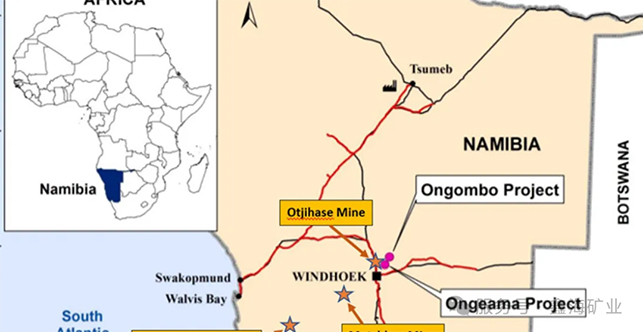 Ongombo和Ongeama成矿带内分布